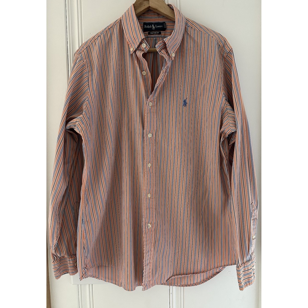 Ralph Lauren Custom Fit Button Down Shirt M Light‎ Orange Blue Striped Cotton